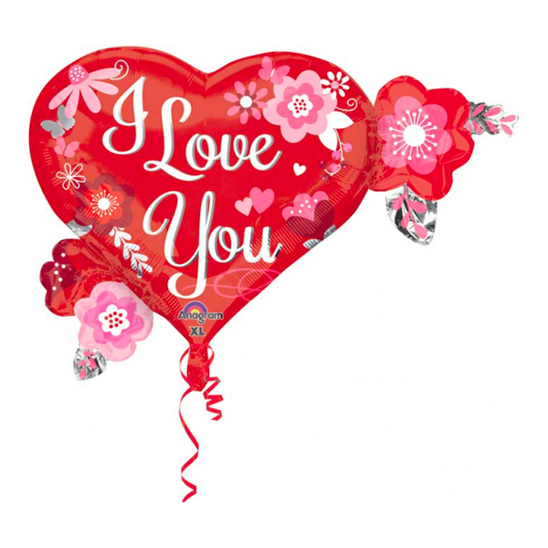 Folieballong I Love You Hjärta med Blommor